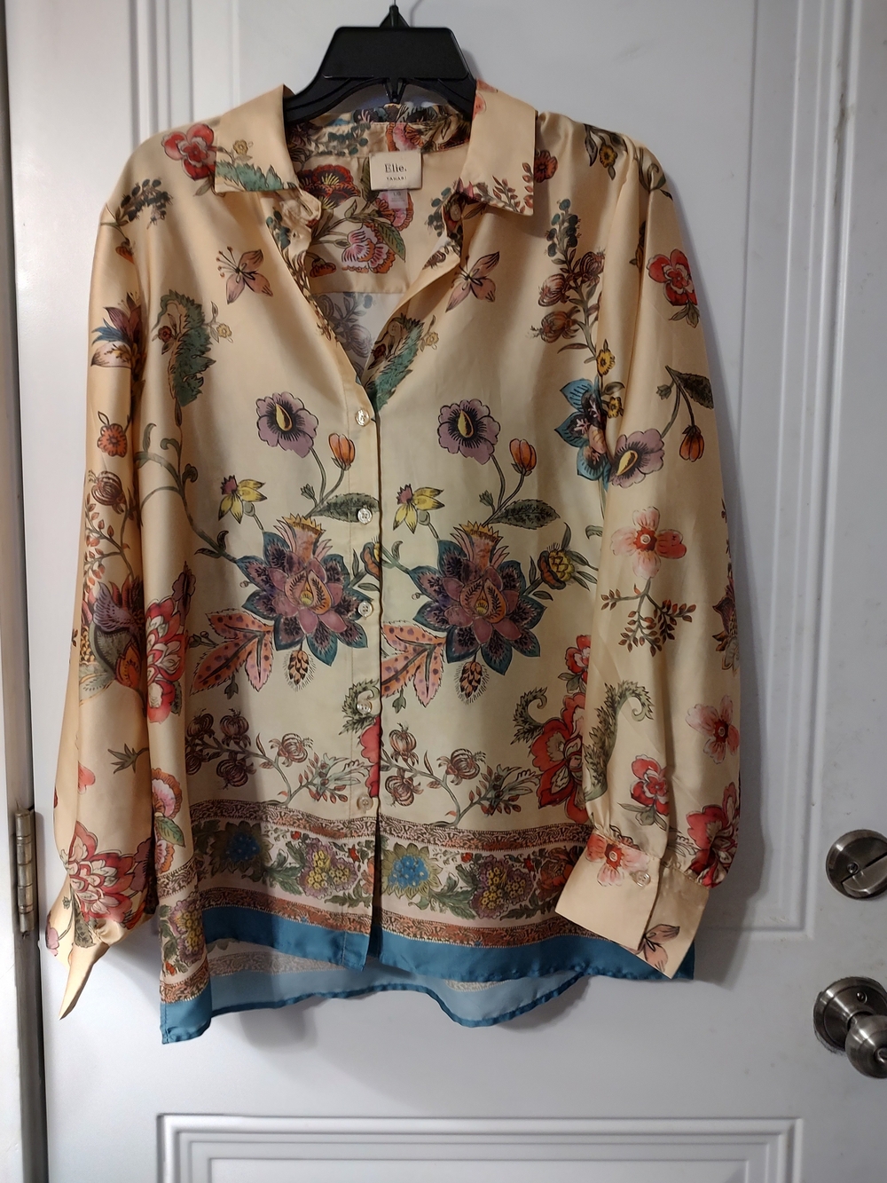 Elie Tahari Cream Floral Silk Button-Up Blouse with Blue Trim